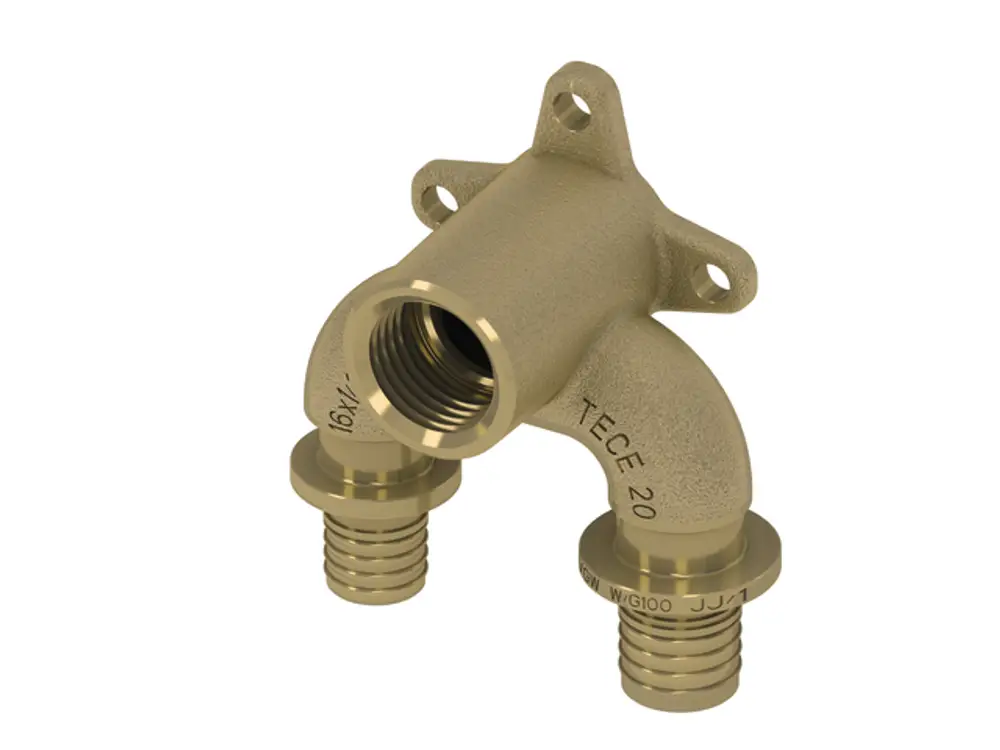 TECE-Produkt mit zwei Anschlussstücken, einem gewinkelten Bereich und Montagelöchern, hergestellt aus Siliziumbronze. Ideal für Rohrsysteme.